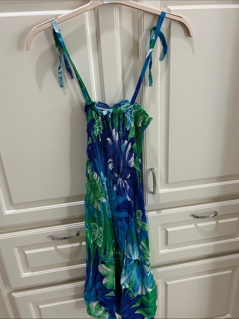Floral Tie-Strap Blue & Green Mini Dress